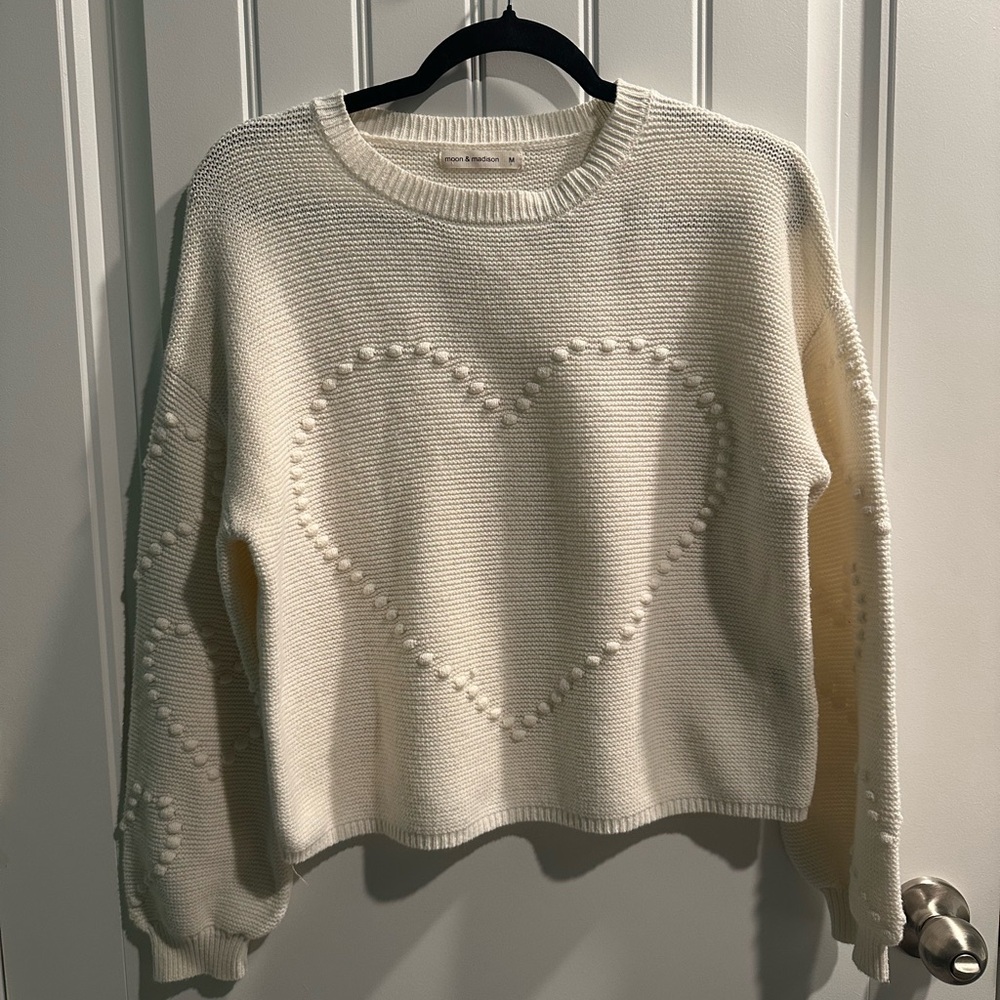 Women's Cream Heart Pom-Pom Knit Sweater - Classic Crewneck